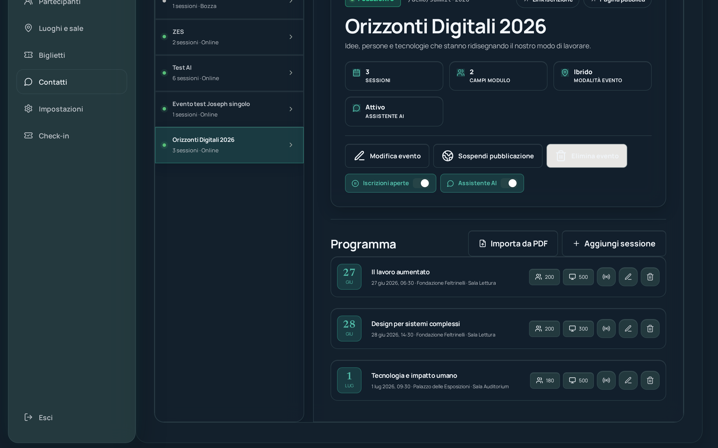Vista organizzatore: elenco eventi e stato pubblicazione